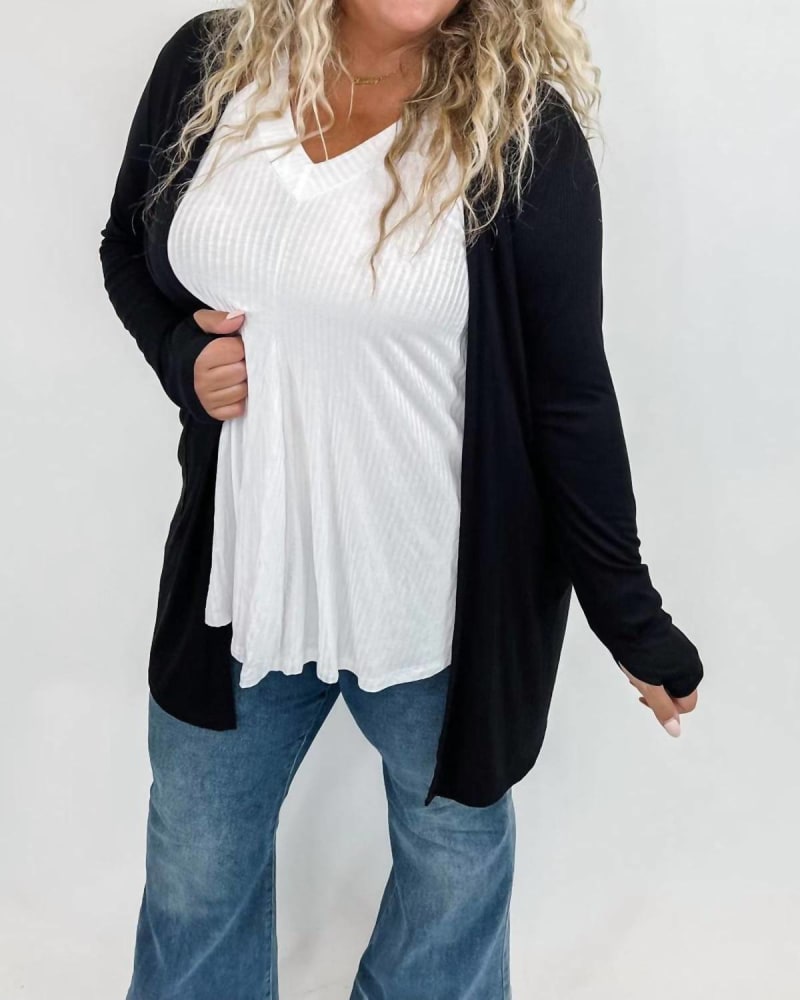 Front of a model wearing a size 1X Valentines Sierra Cardigans in Black in Black by BLAKELEY. | dia_product_style_image_id:326294